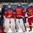 ZUG, SWITZERLAND - APRIL 23: Russia's Anton Krasotkin #1, Ilya Samsonov #30 and Denis Guryanov #25 were named the Top Three Players for their team after a 5-0 quarterfinal round loss to Switzerland at the 2015 IIHF Ice Hockey U18 World Championship. (Photo by Francois Laplante/HHOF-IIHF Images)
